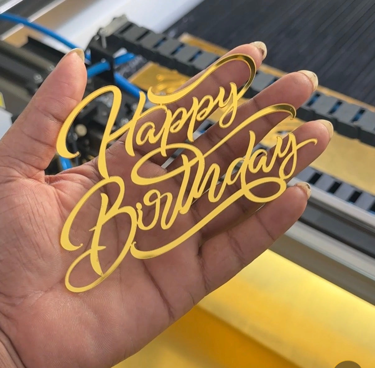 HBAG01 Happy Birthday Topper Gold Acrylic with Stylish Font without Stick.